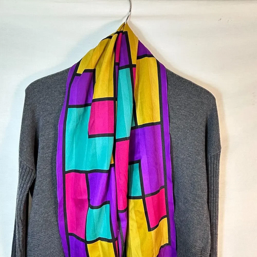 Vintage 80s Purple Multicolor Stained Glass Colorblock Rectangular Silk Scarf